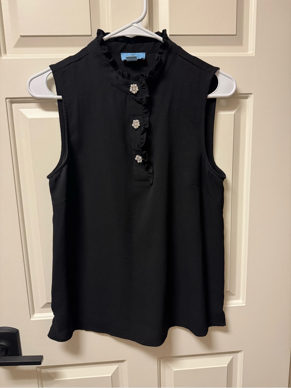 CeCe Black Sleeveless Ruffle Henley Top with Decorative Rhinestone Buttons small
